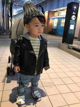 「no brand（ノーブランド）のアイテム（ライダースジャケット）」を使った、cocotaroさん（キッズ・80cm）の秋コーディネート