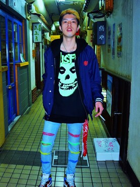 「バンドT」｜「アイテム（ナイロンジャケット）」を使った、ShowSi@BPWさん（メンズ・176cm）の春コーディネート