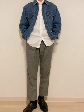 「グレンチェック」｜「アイテム（デニムジャケット）」を使った、マユタラさん（メンズ・168cm）の秋コーディネート