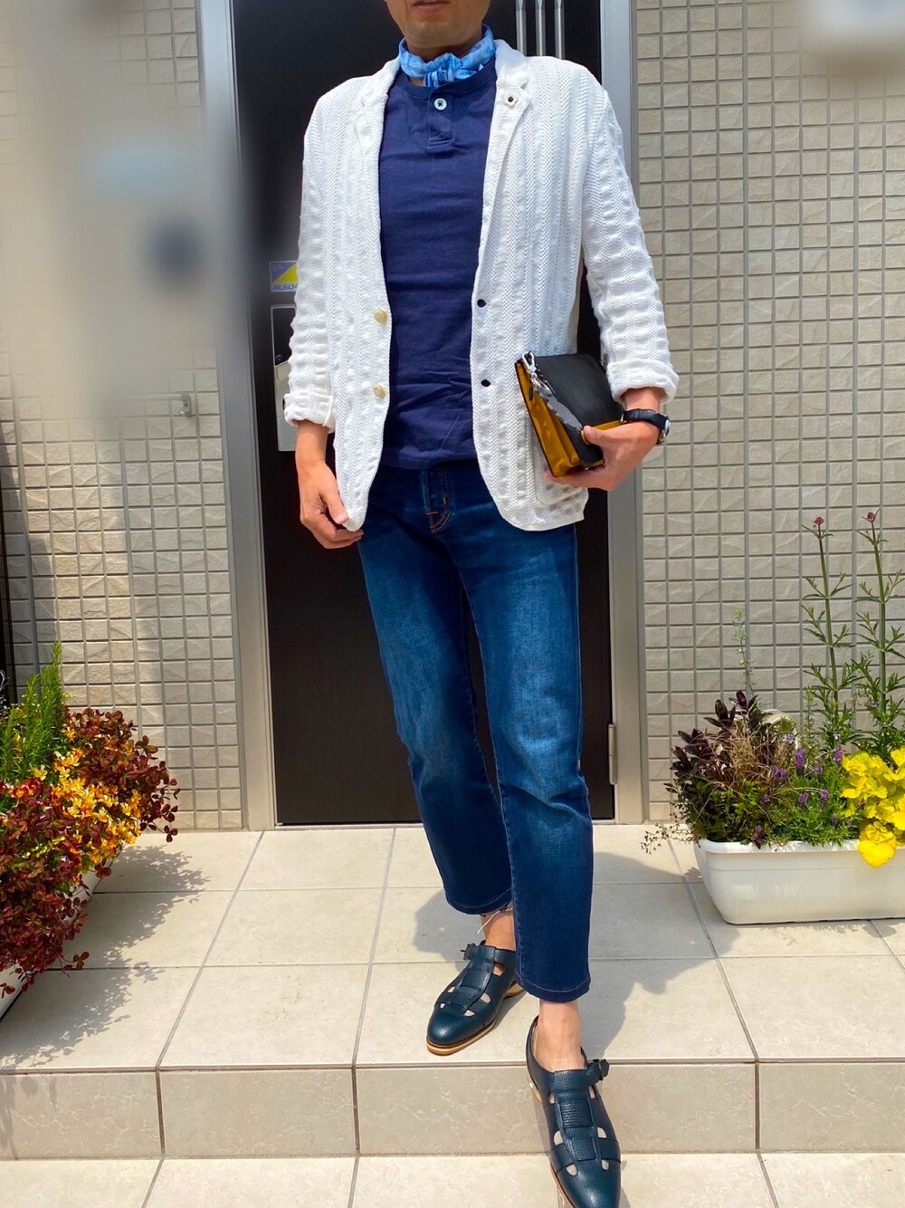 「休日スタイル、大人カジュアル、いいね、save、フォローお願いします🤑、キレイめ、おしゃれさんと繋がりたい、フォローミー、ジャケット、サンダル」｜「LARDINIのLardini - ニットジャケット - men - コットン - S（テーラードジャケット、ホワイト系）」を使った、zizitownさん（メンズ・175cm）の春コーディネートの1枚目の写真