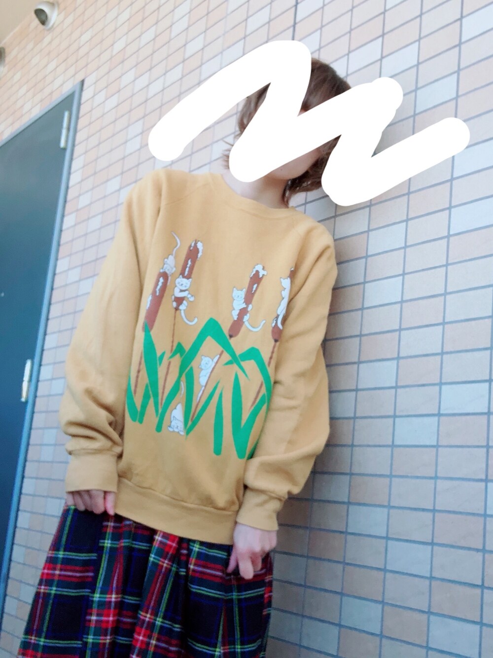 「古着、春コーデ、古着好きな人と繋がりたい、ネコ、ロングスカート、赤チェック、古着女子、スウェット、個性的、にゃー」｜「古着のアイテム（スウェット、オレンジ系）」を使った、は る みさん（レディース・155cm）の春コーディネートの1枚目の写真