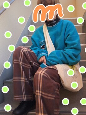 「古着のアイテム（スウェット、ブルー系）」を使った、は る みさん（レディース・155cm）の春コーディネート