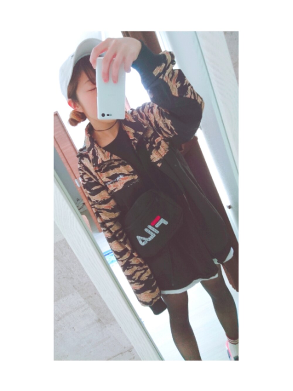 「レイヤードスタイル、Tシャツ、黒、タイガーカモ、低身長、FILA、Champion、stussy、キャップ」｜「STUSSYのSD Windbreaker（ナイロンジャケット、その他）」を使った、ゆーちゃん＠さん（レディース・152cm）の春コーディネートの1枚目の写真