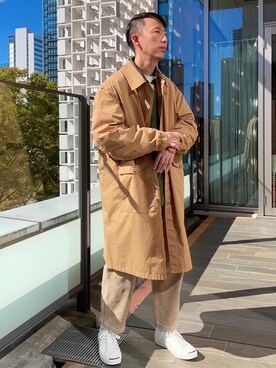 「coen（コーエン）のアイテム（ステンカラーコート）」を使った、coen セキネさん（メンズ・173cm）の秋コーディネート