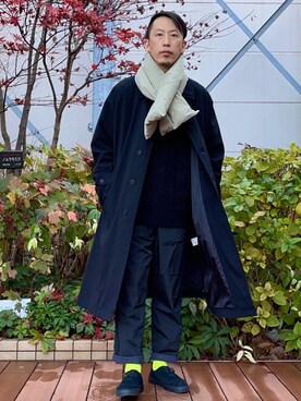 「coen（コーエン）のアイテム（ステンカラーコート）」を使った、coen セキネさん（メンズ・173cm）の冬コーディネート