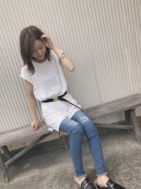 「earth music&ecology（アースミュージックアンドエコロジー）のアイテム（ベルト）」を使った、aymmさん（レディース・166cm）の夏コーディネート
