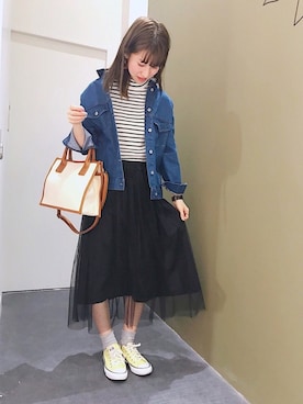 「Green　Parks（グリーンパークス）の・バックレースアップGジャン（デニムジャケット）」を使った、aymmさん（レディース・166cm）の春コーディネート