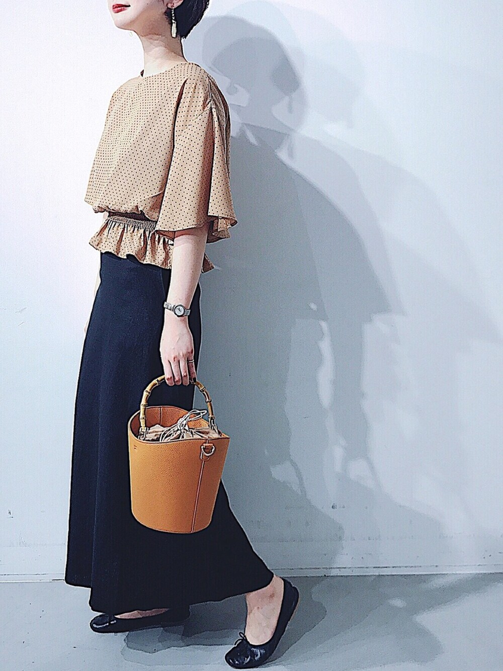 「KOE、koeららぽーと海老名、オトナ女子、はるコーデ、outfit、ブラウス、レトロ、ドット、ロングスカート、A.P.C.」｜「koeのフラウンスブラウス（シャツ/ブラウス、イエロー系）」を使った、naoさん（レディース・167cm）の春コーディネートの1枚目の写真