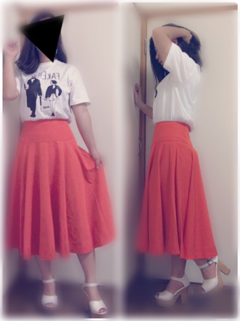 オレンジ系のスカートを着用したレディースの夏コーディネートの1枚目の写真