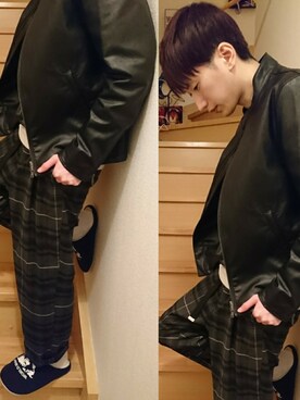 「ニコアンド」｜「アイテム（ライダースジャケット）」を使った、yutaさん（メンズ・172cm）の冬コーディネート