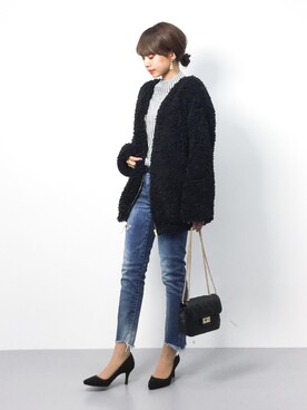 「Ungrid（アングリッド）のフレイドヘムストスリ（デニムパンツ）」を使った、erikoさん（レディース・152cm）の冬コーディネート