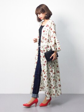 花柄シフォン羽織ワンピースを使った人気ファッションコーディネート Wear