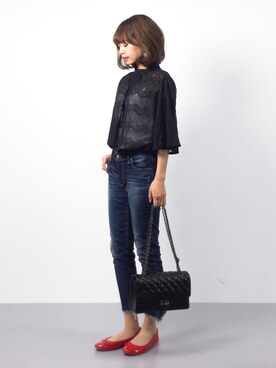 「Ungrid（アングリッド）のインディゴフレイドヘムストスリ（デニムパンツ）」を使った、erikoさん（レディース・152cm）の春コーディネート