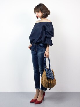 「Ungrid（アングリッド）のインディゴフレイドヘムストスリ（デニムパンツ）」を使った、erikoさん（レディース・152cm）の夏コーディネート