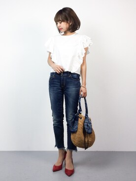 「Ungrid（アングリッド）のインディゴフレイドヘムストスリ（デニムパンツ）」を使った、erikoさん（レディース・152cm）の夏コーディネート