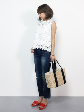 「Ungrid（アングリッド）のインディゴフレイドヘムストスリ（デニムパンツ）」を使った、erikoさん（レディース・152cm）の夏コーディネート