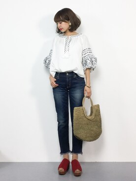 「Ungrid（アングリッド）のインディゴフレイドヘムストスリ（デニムパンツ）」を使った、erikoさん（レディース・152cm）の夏コーディネート