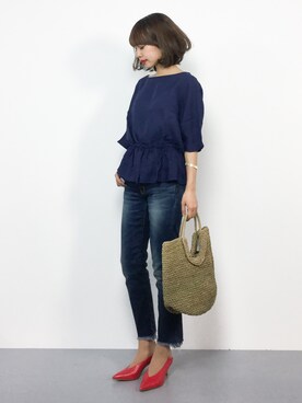 「Ungrid（アングリッド）のインディゴフレイドヘムストスリ（デニムパンツ）」を使った、erikoさん（レディース・152cm）の夏コーディネート