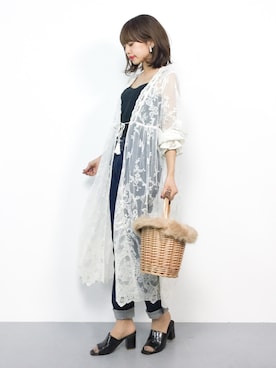 「niko and...（ニコアンド）のオリジナルフェイクファーフタ付カゴバッグ【niko and ...】（トートバッグ）」を使った、erikoさん（レディース・152cm）の夏コーディネート