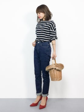 「niko and...（ニコアンド）のオリジナルフェイクファーフタ付カゴバッグ【niko and ...】（トートバッグ）」を使った、erikoさん（レディース・152cm）の夏コーディネート