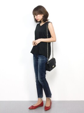 「Ungrid（アングリッド）のインディゴフレイドヘムストスリ（デニムパンツ）」を使った、erikoさん（レディース・152cm）の夏コーディネート