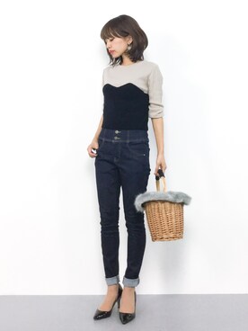 「niko and...（ニコアンド）のオリジナルフェイクファーフタ付カゴバッグ【niko and ...】（トートバッグ）」を使った、erikoさん（レディース・152cm）の秋コーディネート