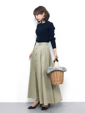 「niko and...（ニコアンド）のオリジナルフェイクファーフタ付カゴバッグ【niko and ...】（トートバッグ）」を使った、erikoさん（レディース・152cm）の秋コーディネート