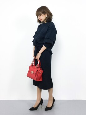 「MERLOT（メルロー）のリブニットティアードフリル袖プルオーバー640-8527（ニット/セーター）」を使った、erikoさん（レディース・152cm）の秋コーディネート