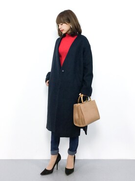 「赤ニット」｜「アイテム（ノーカラージャケット）」を使った、erikoさん（レディース・152cm）の秋コーディネート