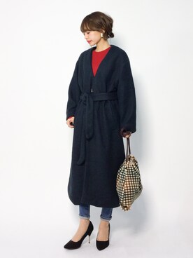 「ガウンコート」｜「アイテム（ノーカラージャケット）」を使った、erikoさん（レディース・152cm）の冬コーディネート