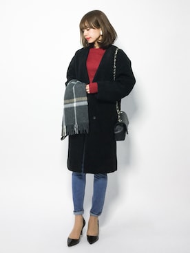 「koe（コエ）のアイテム（ノーカラージャケット）」を使った、erikoさん（レディース・152cm）の冬コーディネート