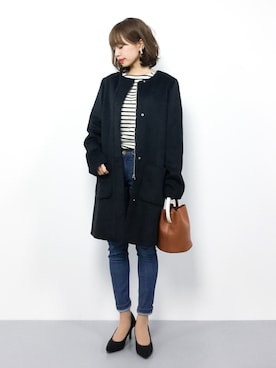 「salus（サルース）のアーモンドトゥ美脚ヒールパンプス（パンプス）」を使った、erikoさん（レディース・152cm）の冬コーディネート