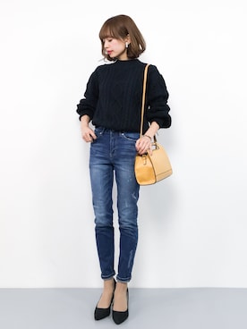 「BAYFLOW（ベイフロー）のBAYFLOW／スキニーリペアデニム　18SS（デニムパンツ）」を使った、erikoさん（レディース・152cm）の冬コーディネート