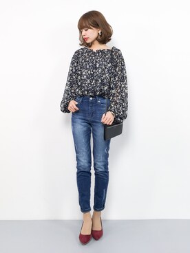 「BAYFLOW（ベイフロー）のBAYFLOW／スキニーリペアデニム　18SS（デニムパンツ）」を使った、erikoさん（レディース・152cm）の冬コーディネート