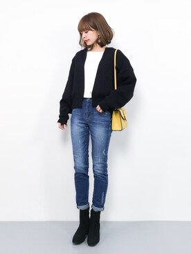 「BAYFLOW（ベイフロー）のBAYFLOW／スキニーリペアデニム　18SS（デニムパンツ）」を使った、erikoさん（レディース・152cm）の冬コーディネート