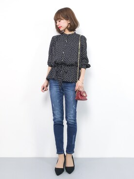 「BAYFLOW（ベイフロー）のBAYFLOW／スキニーリペアデニム　18SS（デニムパンツ）」を使った、erikoさん（レディース・152cm）の冬コーディネート