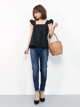 「アイテム（かごバッグ）」を使った、erikoさん（レディース・152cm）の夏コーディネート