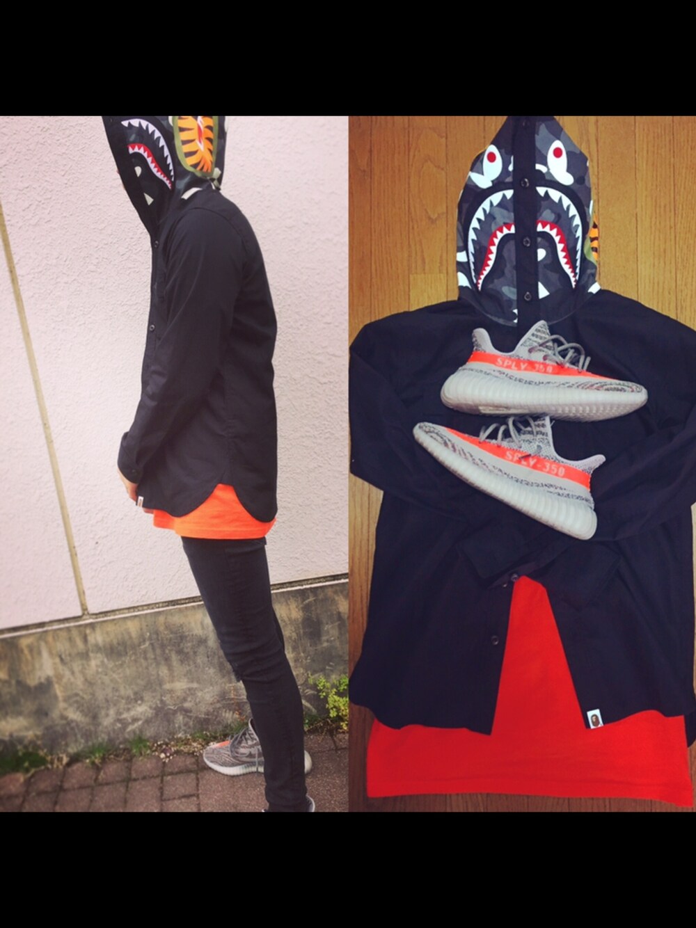 「休日スタイル、シンプル、スキニー、さしいろ、オレンジ、黒、エイプ、シャークパーカー、Yeezy boost、ootd」｜「A BATHING APEのSHARK SHIRT HOODIE（パーカー、ブラック系）」を使った、Joeさん（メンズ・172cm）の春コーディネートの1枚目の写真