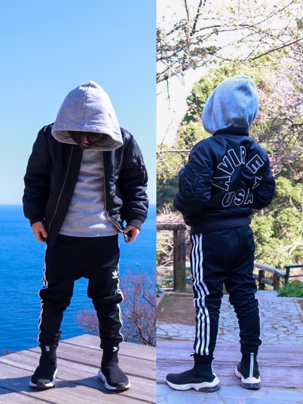 「むすこーで、キッズコーデ、キッズファッション、adidas originals、ZARA、AVIREX、GU、プチプラ、プチプラコーデ、シンプル」｜「AVIREXのavirex/ アヴィレックス / KID'S MA-1 "AVIREX"LOGO/ キッズ MA-1 "アヴィレックス" ロゴ/Belle（MA-1、ブラック系）」を使った、Joeさん（メンズ・172cm）の冬コーディネートの1枚目の写真