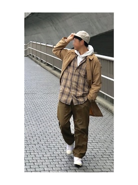 「INHERIT（インヘリット）のアイテム（ステンカラーコート）」を使った、akihiro shimizuさん（メンズ・174cm）の秋コーディネート