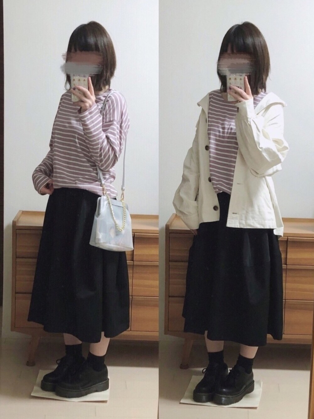 ブラック系のTシャツ/カットソー、ホワイト系のミリタリージャケット、シルバー系のショルダーバッグを着用したレディースの春コーディネートの1枚目の写真