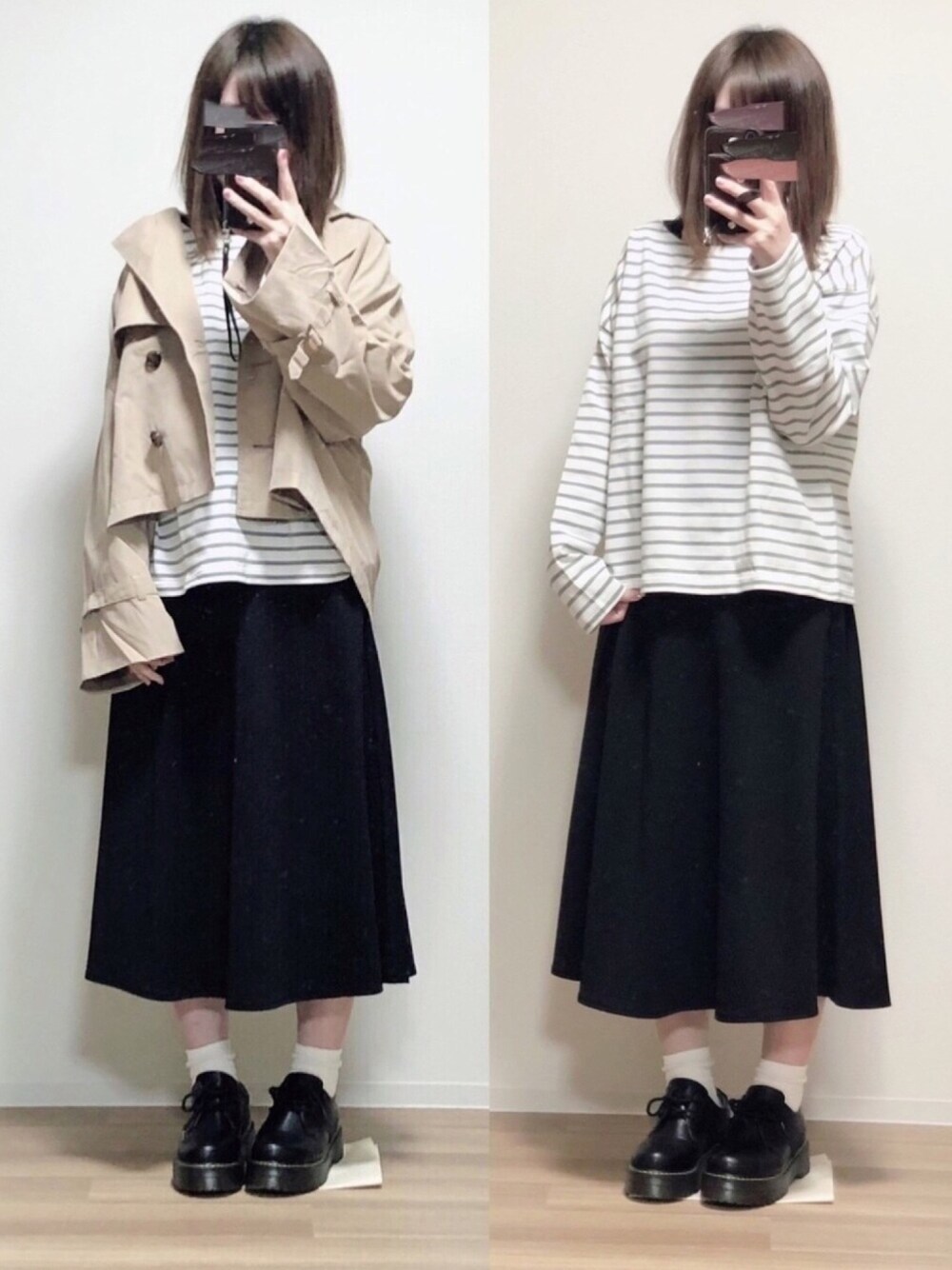 ベージュ系のトレンチコート、ブルー系のTシャツ/カットソー、ブラック系のスカートを着用したレディースの春コーディネートの1枚目の写真
