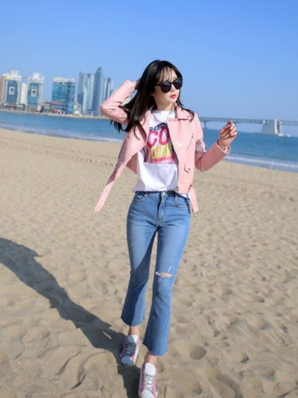 「韓国ファッション、ミンスショップ、minsshop」｜「minsshopのONLYme★ライダージャケット（ライダースジャケット、ピンク系）」を使った、minsshopさん（レディース・165cm）の冬コーディネートの1枚目の写真