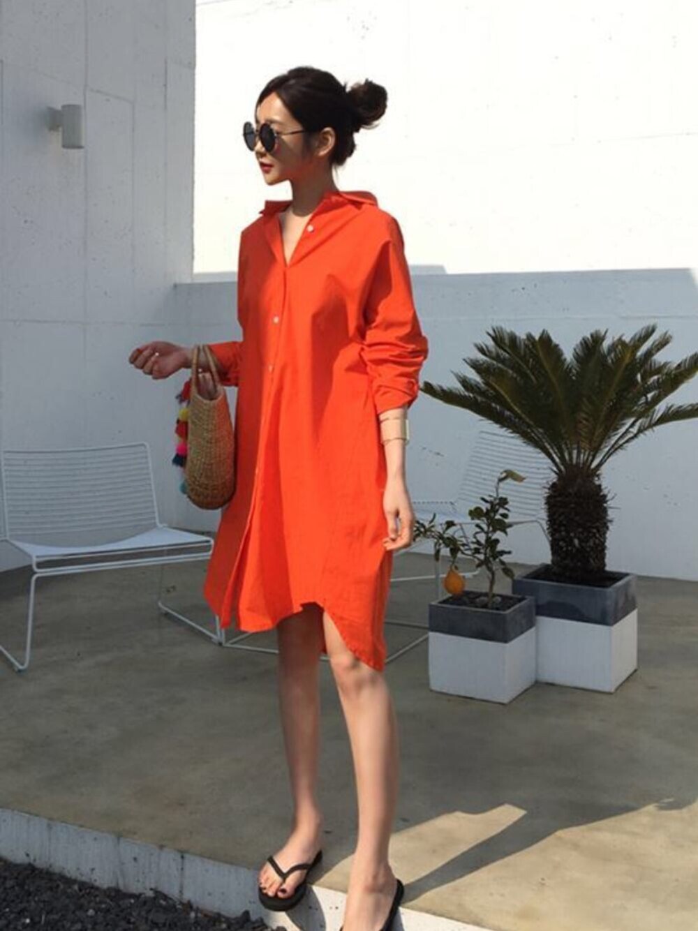「韓国ファッション、ミンスショップ、minsshop」｜「minsshopのオレンジ♥シャツワンピース（シャツ/ブラウス、オレンジ系）」を使った、minsshopさん（レディース・165cm）の春コーディネートの1枚目の写真