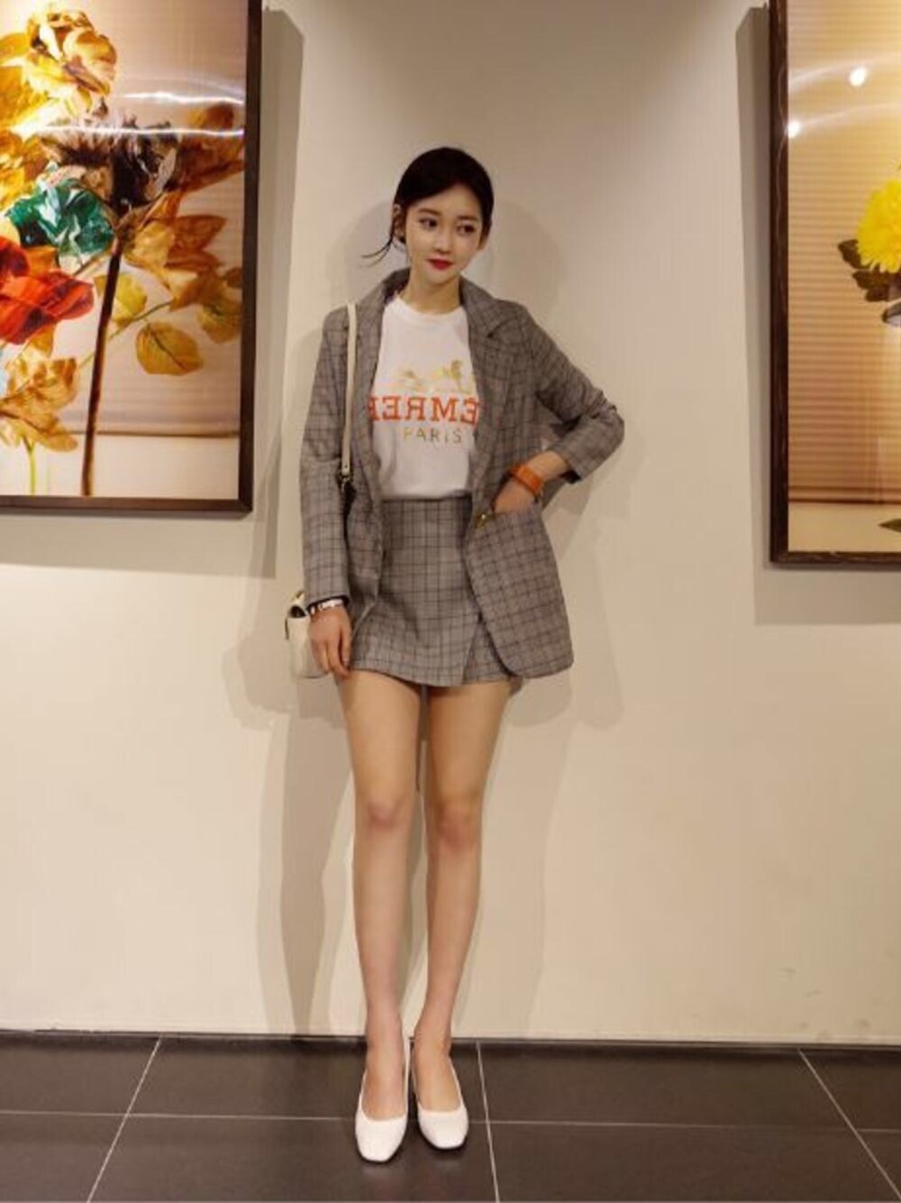 「韓国ファッション、ミンスショップ、minsshop」｜「minsshopのスタイリング◈チェックジャケット＆パンツセット（テーラードジャケット、グレー系）」を使った、minsshopさん（レディース・165cm）の春コーディネートの1枚目の写真