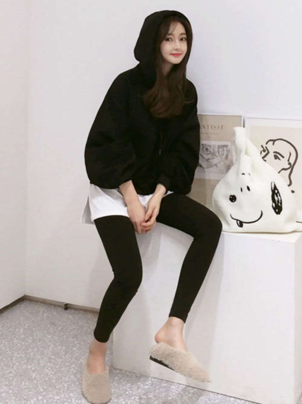 「韓国ファッション、ミンスショップ、minsshop」｜「minsshopの革命!!Tシャツレイヤード風レギンス（その他パンツ、ブラック系）」を使った、minsshopさん（レディース・165cm）の秋コーディネートの1枚目の写真