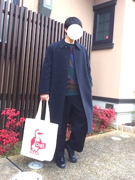 「緑」｜「アイテム（ステンカラーコート）」を使った、ニャッキさん（メンズ・169cm）の冬コーディネート