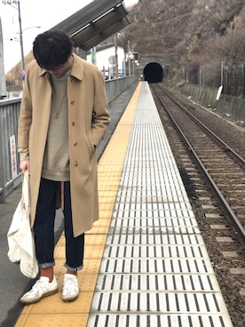 「YAECA」｜「アイテム（ステンカラーコート）」を使った、UCTさん（メンズ・173cm）の秋コーディネート