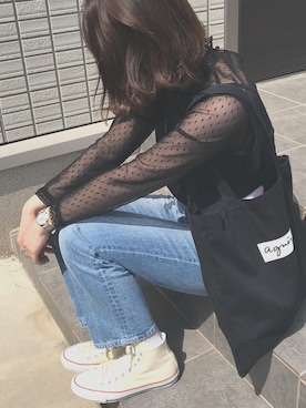 「SLOBE IENA（スローブイエナ）のドットチュールスタンドレースブラウス◆（シャツ/ブラウス、ブラック系）」を使った、なほさん（レディース）の春コーディネート