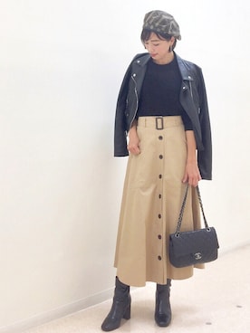 「chanel」｜「アイテム（ライダースジャケット）」を使った、iori0319さん（レディース・161cm）の冬コーディネート